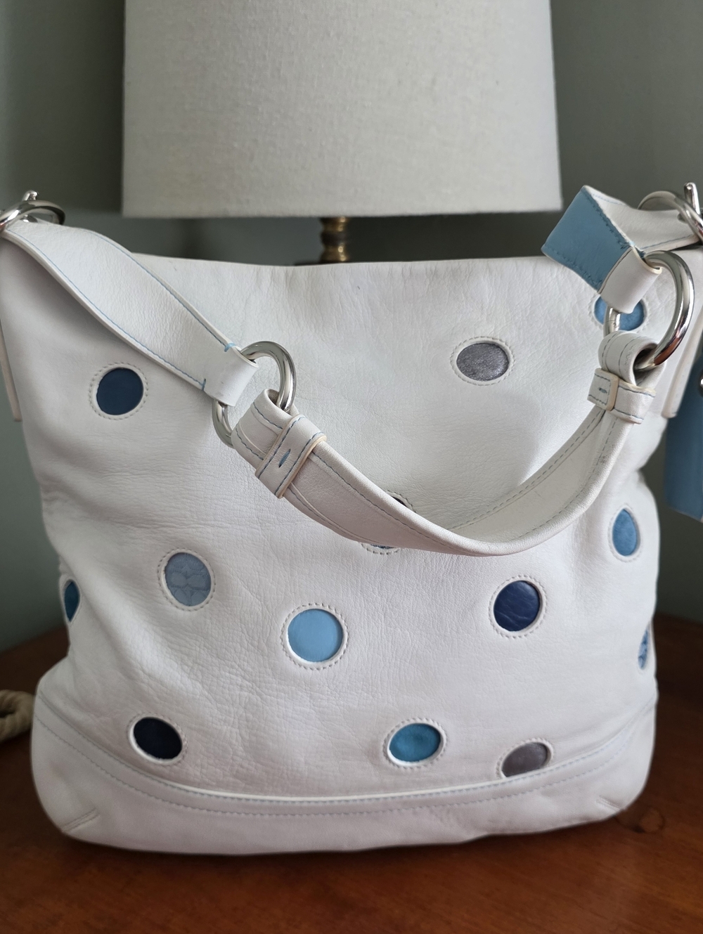 Coach F10651 Polka Dot Leather Suede Jacquard Blue White Duffle Bag Vintage Y2K